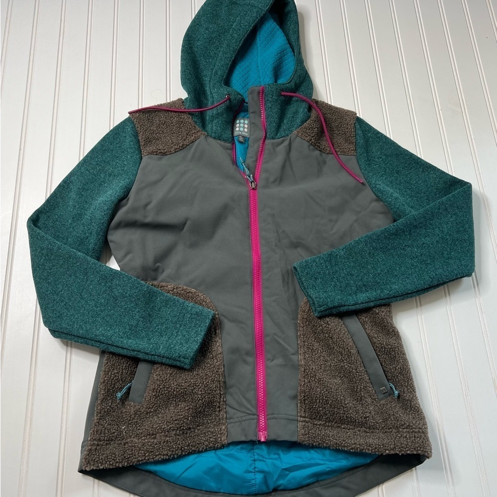 TITLE NINE Beaten Path Hooded Sherpa Fleece Jacket Olive/Teal Women's Small. 484